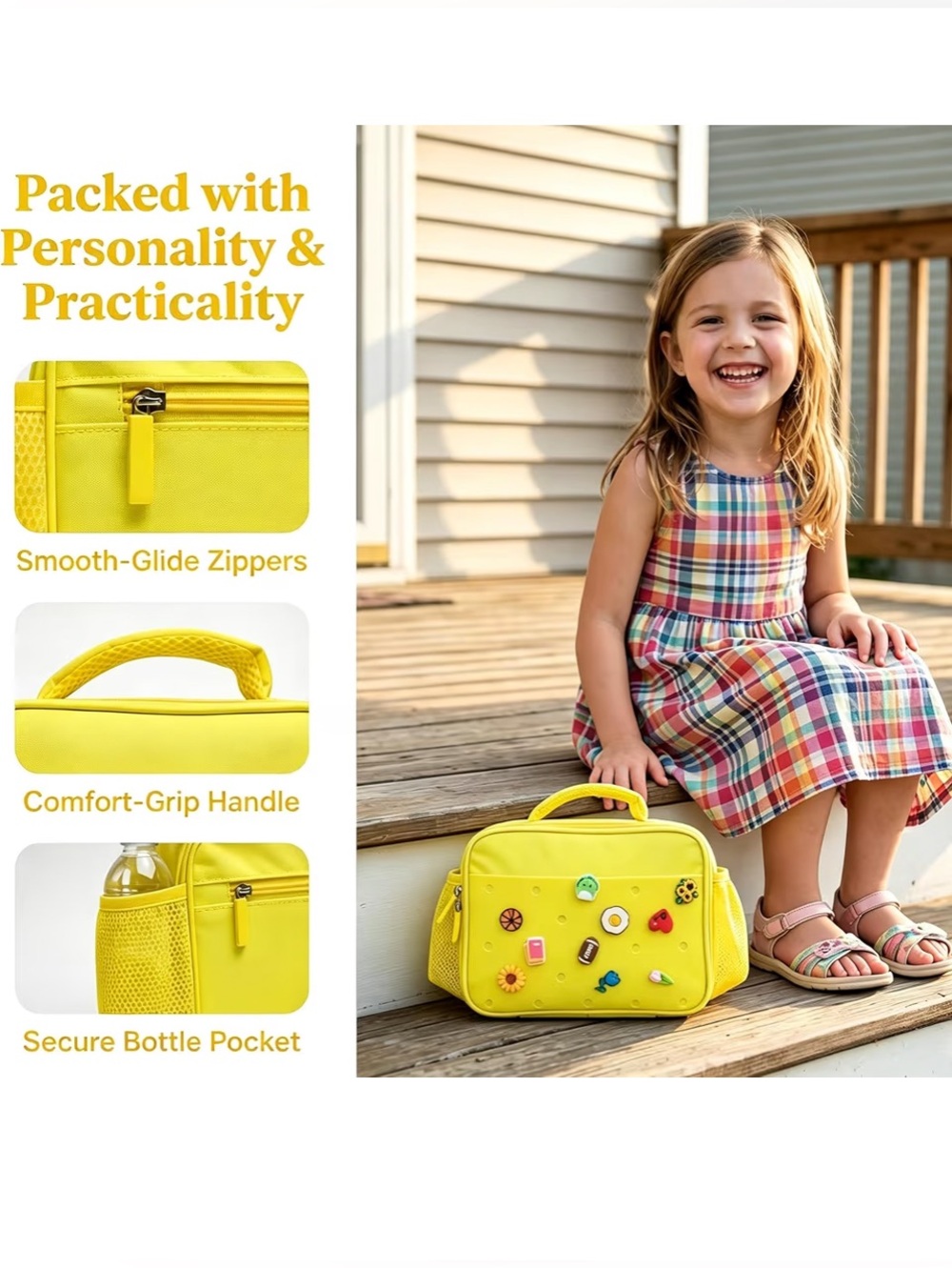 Kids Bright Yellow Lunch Bag with Charms - Picture 4 of 9